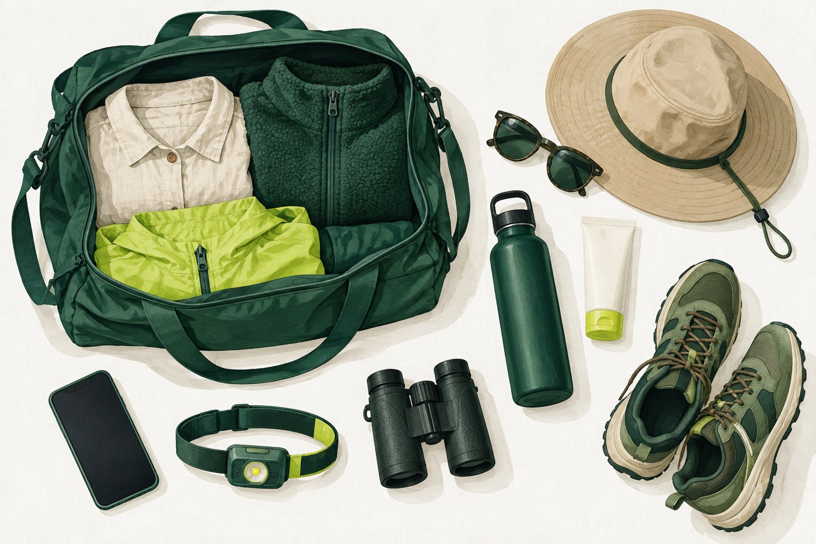 Illustration: a compact travel bag with layers and practical essentials.