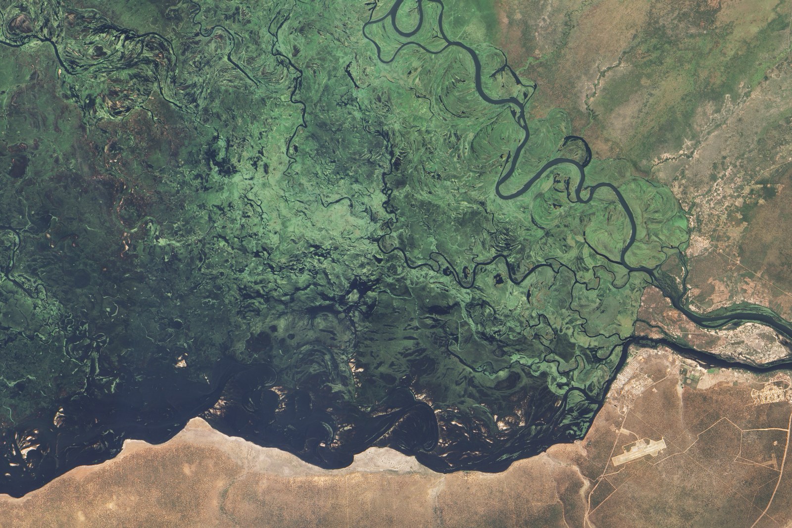 Historic satellite view of the eastern Zambezi floodplain, 8 May 2010, including the area around Impalila and Kasane. This is not a current flood or navigation map.