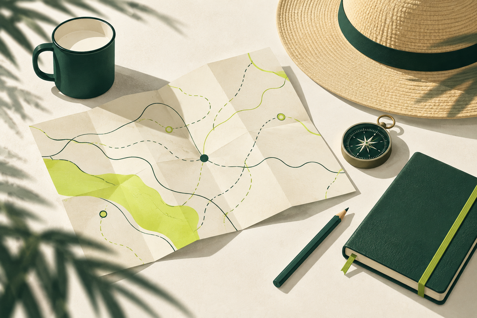 AI-generated editorial illustration: generic planning objects and abstract route paper, not a geographic map.