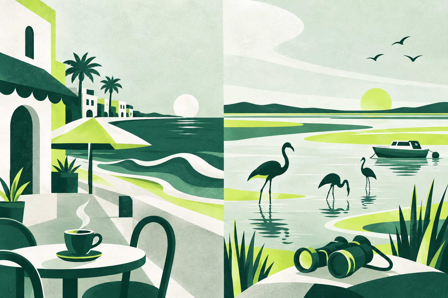 AI-generated coastal comparison illustration. Generic town and lagoon motifs; no actual property or wildlife encounter depicted.