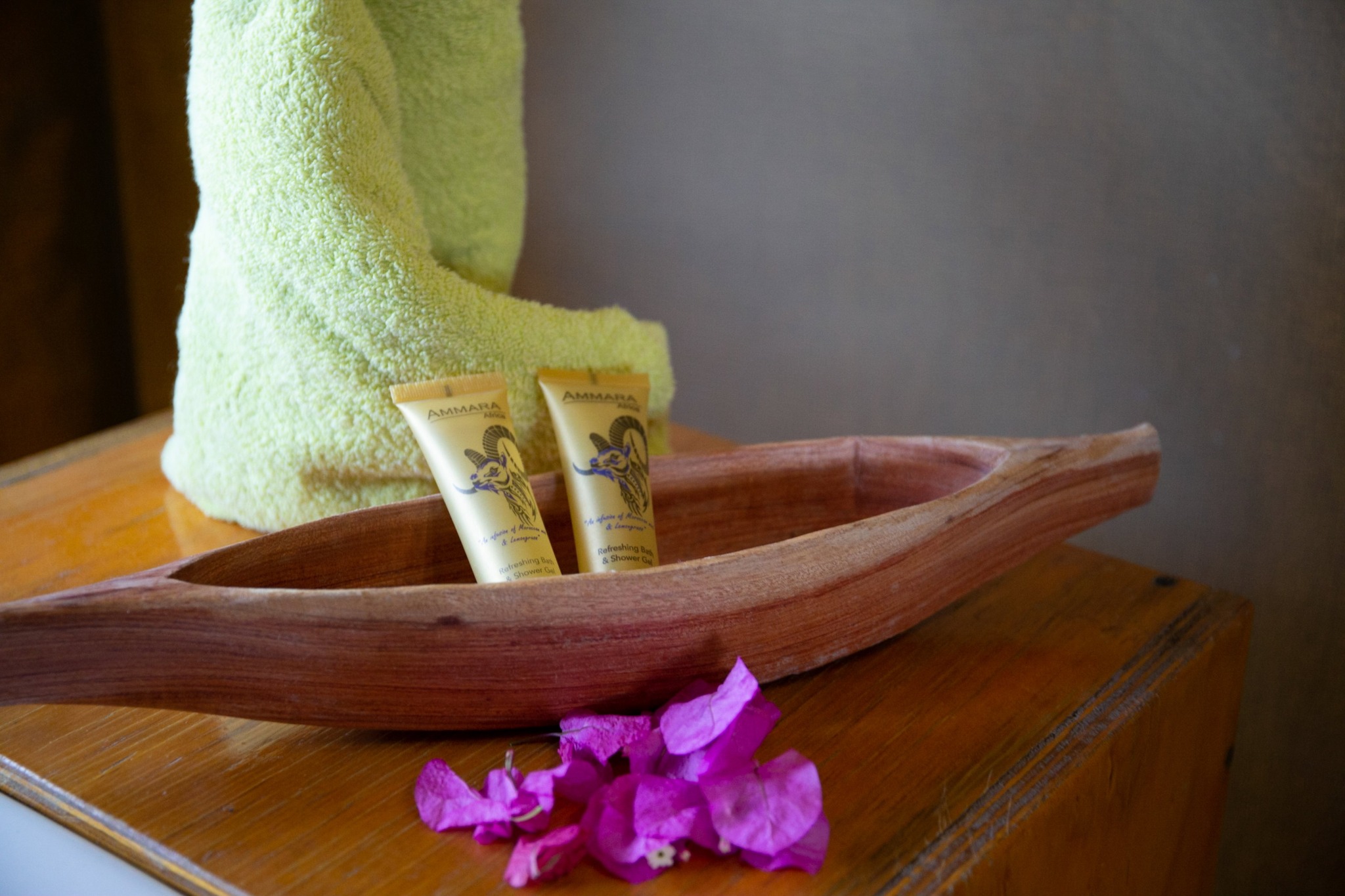 Towels and bathroom amenities arranged for guests