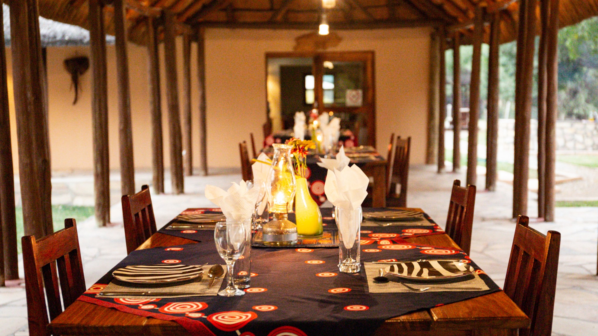 Long dining table prepared for guests