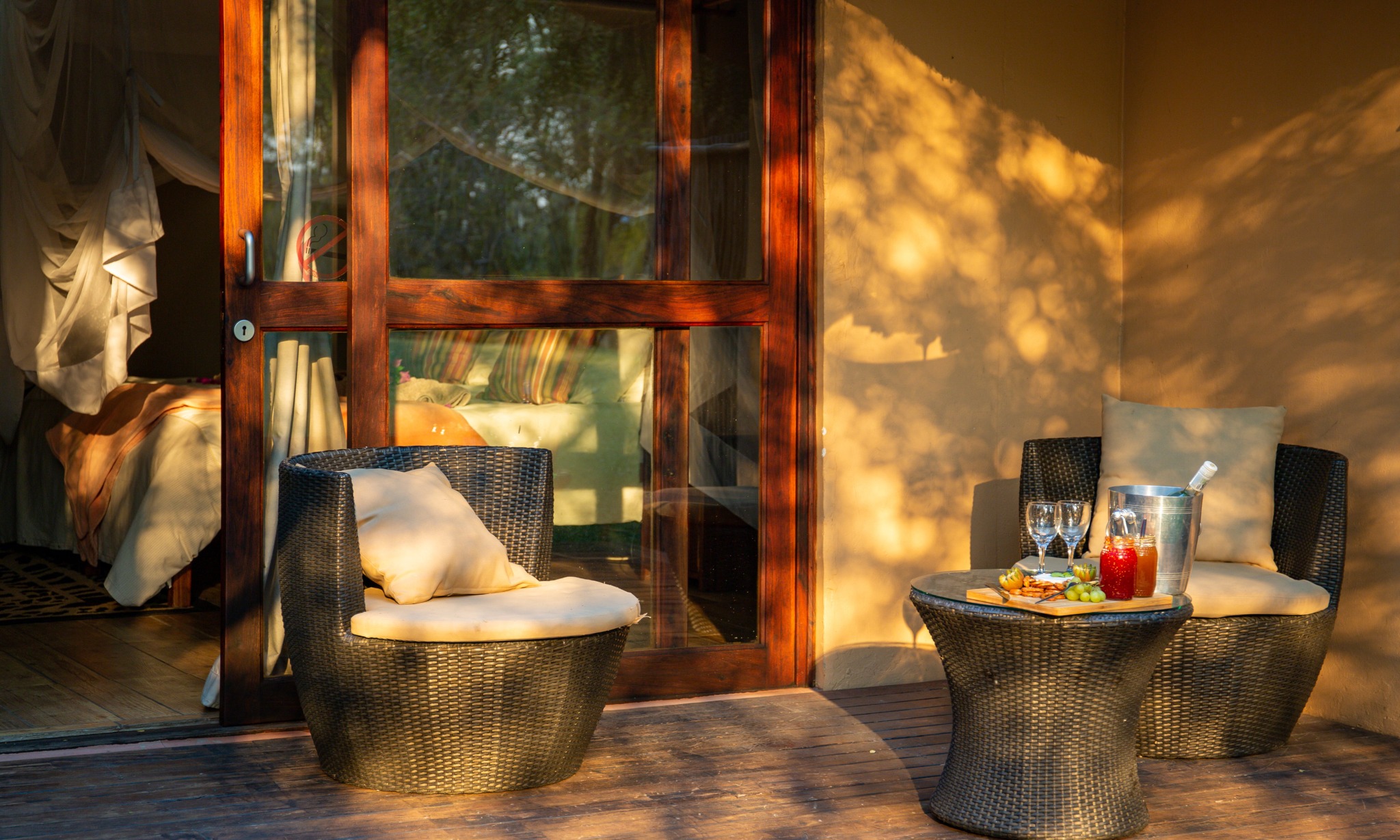 Furnished patio outside a Kayova safari tent